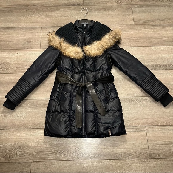 Rudsak navy down winter coat with leather waistband and details - Picture 2 of 16